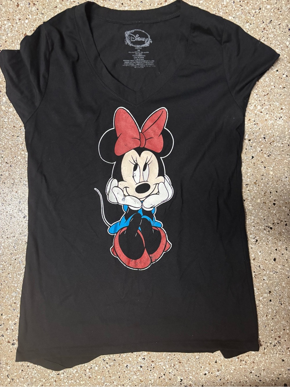 Disney Black V-Neck Minnie Mouse Tee with Red Bow